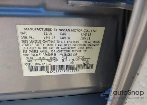 2007 Nissan Altima 2.5 S from USA, damaged, VIN 1N4AL21E37N406536
